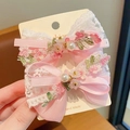 Pair of pale pink lace bow hair clips with floral embroidery and white faux pearls - Lace Embroidery Bow (1602) / 2 Pcs/Set / Sakura Pink