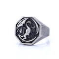 Vintage silver-tone stainless steel signet ring with octagonal dragon crest design - US 7 / Antique Silver Dragon Relief Style (03106)