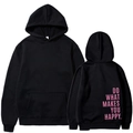 Oversized black hoodie featuring pink Do What Makes You Happy slogan on the back - S / Black Slogan