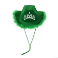 Bright green cowboy hat with feather trim and silver tiara crown on white background - Adult 58CM / Green Feather