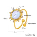 Detail view of sunflower opal ring in stainless steel with rhinestone size specifications - Size 7 (Adjustable) / Gold Round Sun Flower Style (A139)