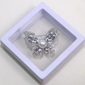 Elegant silver butterfly brooch with crystals and pearl in a white gift display box - Diamond Pearl Butterfly (XZ212)
