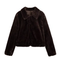 Short dark brown faux fur jacket with lapel collar shown in a clean flat lay view - XS / Calico