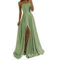 Elegantes salbeigrünes Satin-Maxikleid mit Spaghettiträgern und hohem Beinschlitz - L (US 12) / Bohnengrün