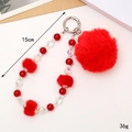 Furry red plush ball keychain with beaded anti-lost wrist strap, length 15cm, weight 36g - Red Crystal Style (K3994)
