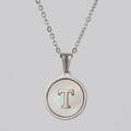 Silver stainless steel necklace with white shell pendant and letter T charm - Silver White Shell Letter T