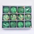 Detail of 12pcs green and gold Christmas ornaments with glitter and embossed textures - Set of 12 / Green
