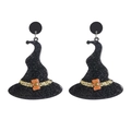 Boucles d'oreilles chapeau de sorcière en acrylique noir pailleté pour Halloween - Chapeau à Bord Large à Paillettes Noires
