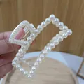 Elegant white rectangle hair claw clip with faux pearls for a sophisticated look - Curved Square Hollow