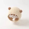 Cute beige baby earflap hat with brown double pom-poms for winter warmth - Small Ball Hat / Beige