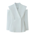 Detail of white double-breasted blazer showing off-shoulder cutouts and fabric texture - S / White