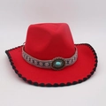 Red wool felt jazz hat featuring ethnic embroidery and a turquoise accent stone - One Size / Red Black Edge (Oval Blue Stone)