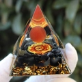 Orgone pyramid with red agate sphere and black obsidian chips in resin base - Red Cat Eye Ego / Small