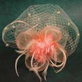 Macro detail of peach bridal fascinator with mesh veil, feathers, and floral accents - Champagne