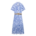 Women's summer floral paisley maxi shirt dress with short sleeves and woven belt - S / Blue Floral