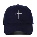 Detailed close-up of nail cross embroidery on navy blue cotton baseball cap - Adjustable / Navy Blue