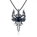 Collana gotica con spada di drago in argento e gemma nera con cordino nero - Pietra Nera con Cordino