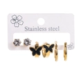 Detailed set of 3 stainless steel earrings featuring black butterflies and zircon studs - Butterfly Design