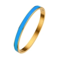 Gold plated stainless steel hinged bangle with light blue enamel inlay for women - 6MM Gold + Blue