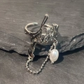Silver liquid metal ring with COOL lettering, bead chain and white pearl drop - Silver COOL Pearl Chain Ring (DZ-852)