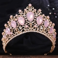 Golden Baroque crown with pink teardrop crystals and sparkling rhinestones on black velvet - KC Gold White & Pink Jelly Rhinestone
