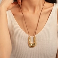 Minimalist golden U-shaped liquid metal pendant necklace on a brown cord with ribbed top - 16# Gold Metal U-Shape Sweater Necklace