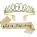 Golden 60th birthday set including 60 & Fabulous sash, rhinestone crown and pearl pin - 60 Years Old Gold (Tiara And Gold Sash And Pin)