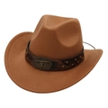 Detail of a brown felt cowboy hat featuring a leather band with metal bull head emblem - One Size / Khaki (Rivet Copper Bull)