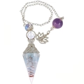 Antique silver resin pendulum with blue and white crystals and a copper wire spiral - New Silver Crown Aquamarine + Lotus Chain
