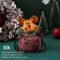Christmas reindeer drawstring gift bag in red linen with cute plush elk decoration - English Print Apple Bag - Reindeer