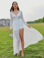 Elegant white deep V-neck lace maxi dress with long sleeves and high slit details - XS / White