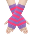 Detail of purple and pink striped knitted fingerless gloves showing texture and fit - One Size / Purple Rose Red (25)