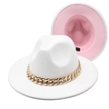 Detail of fedora hat with large gold acrylic chain and pink two-tone lining - White + Pink