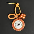 Orange casino keychain featuring a 5-point poker chip and matching plastic dice pendant - Red Yellow Chip 5 With Orange Dice Keychain (CS001-5)