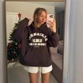 Deep brown oversized hoodie with white towel embroidery in a cozy home mirror selfie - S / Brown