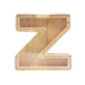 Letter Z shaped wooden piggy bank with transparent acrylic panel and visible wood grain - Letter Z