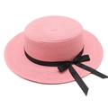 Chapeau de soleil rose à bord large avec ruban noir élégant pour les voyages d'été en plein air - Rose Poudré