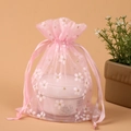 Pink organza drawstring bag with white floral patterns and gold glitter for gift storage - 13*18cm / Pink