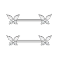 Dettaglio di piercing al capezzolo in argento con motivi a farfalla in zircone lucido - Stile Farfalla con Gemma Trasparente (2741) / Color Acciaio