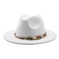 White wool fedora hat with bohemian beaded band and wide brim for winter fashion - M(56-58cm) / White