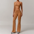 Ensemble de yoga deux pièces caramel avec brassière col V et pantalon évasé taille haute - S / Soutien-gorge + Pantalon Évasé / Orange Citrouille