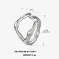 Adjustable silver irregular liquid metal ring in stainless steel finish showing dimensions - Irregular Design Ring / Steel
