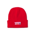 Détail d'un bonnet en tricot rouge avec quatre motifs d'ours colorés et texte japonais - M (56-58cm) / Rouge