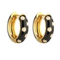 Minimalist gold-plated hoop earrings with black enamel and white daisy flower patterns - 1 Pair / Black