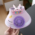 Purple children solar fan sun hat featuring cute rabbit design and colorful BABY letters - Rechargeable Fan Style / Ice Silk Animal Fan-Purple Rabbit