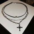 Gothic style double-layer necklace featuring black gemstone cross and cylinder pendants - 15# Leather Multi-layer Chain Cross Necklace