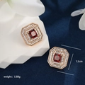 Vintage rose gold square stud earrings with central red gemstone and halo diamonds - Ruby Square Full Pave / Rose Gold