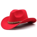 Detail of red wool felt cowboy hat featuring a tribal woven band with brown wooden beads - M (56-58cm) Adjustable / 08 Red