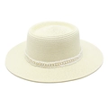 Detailed texture of off-white woven straw sun hat with elegant pearl lace band - M (56-58cm) / Cream