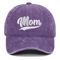 Close-up of white Mom embroidery on purple washed cotton distressed baseball cap - Purple (Mom)